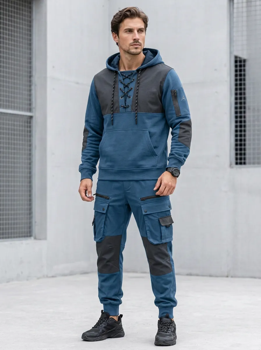 Daily Lace-Up Multi Pocket Silhouette Men's Lace Up Hoodie And Cargo Jogger Set