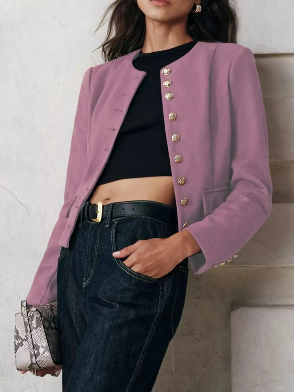 Button-Up Round-Neck Blazer