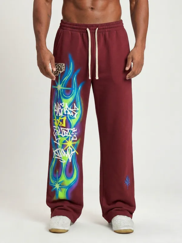 Men's Streetwear Graffiti Flame Leopard Patch Printed Sweatpants