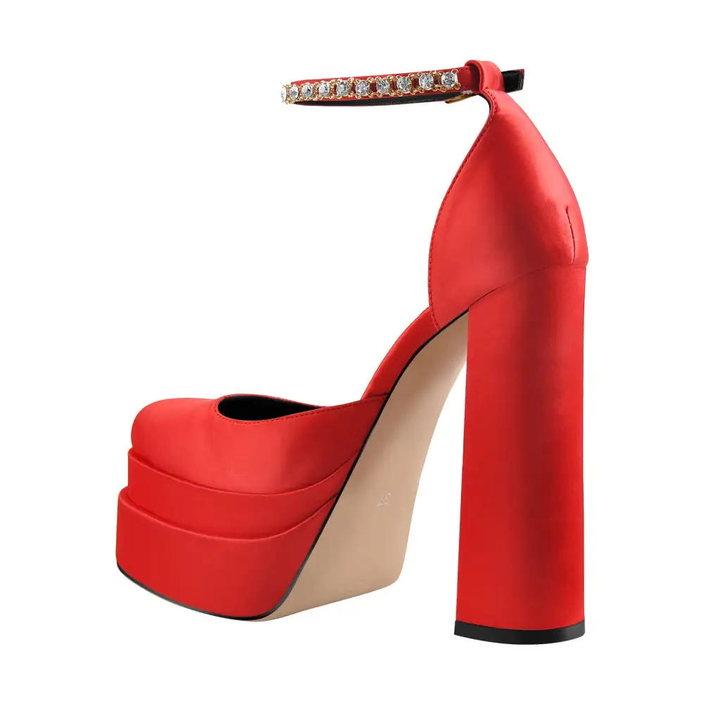 Rhinestone Square Toe Double Platform Chunky Heel Pumps