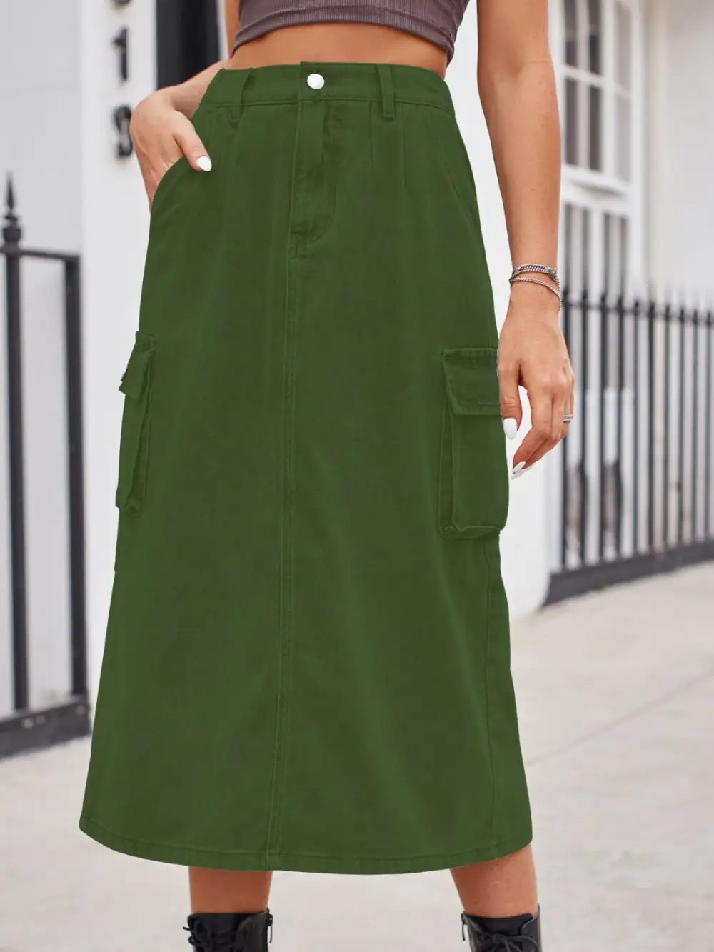 Simple Button Front Denim Detail Skirt