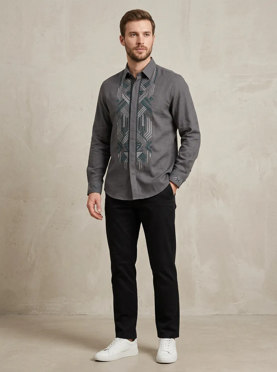 Men's Geometric Embroidered Long Sleeve Shirt