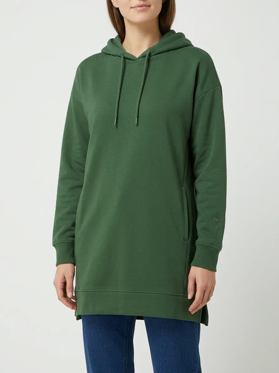 Women's Floral-Sleeve Embroidered Tunic-Length Side-Slit Hoodie