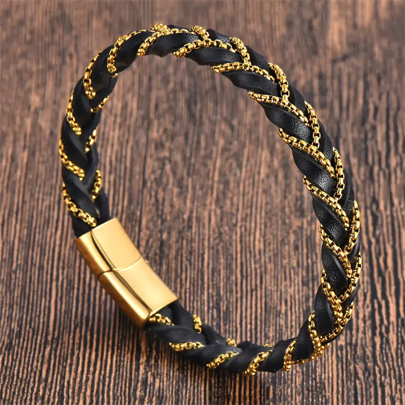 Simple Design Titanium Steel Braided Leather Buckle Bracelet