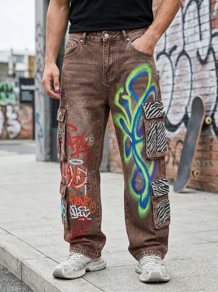 Men's Streetwear Graffiti Zebra Print Art Print Cargo Jeans