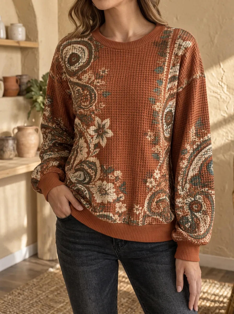 Women's Boho Paisley Floral Art-Inspired Waffle Knit Crewneck Sweatshirt