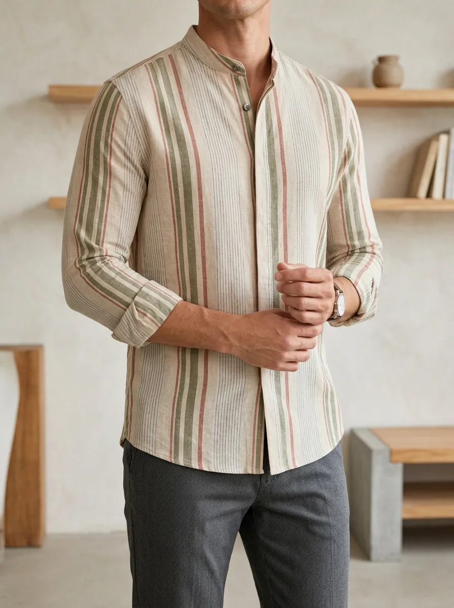 Men's Casual Vintage Striped Mandarin Collar Slim Fit Shirt