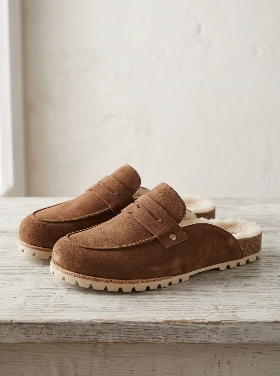 Women's Rugged Faux Fur Lined Clog Style Suede Wood Sole Loafers