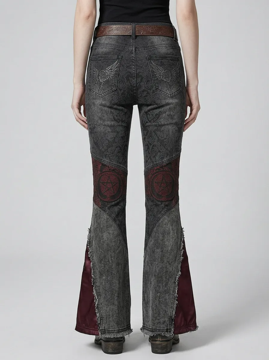 Dark Pentagram Skull Rose Collection Women's Gothic Flare Pants