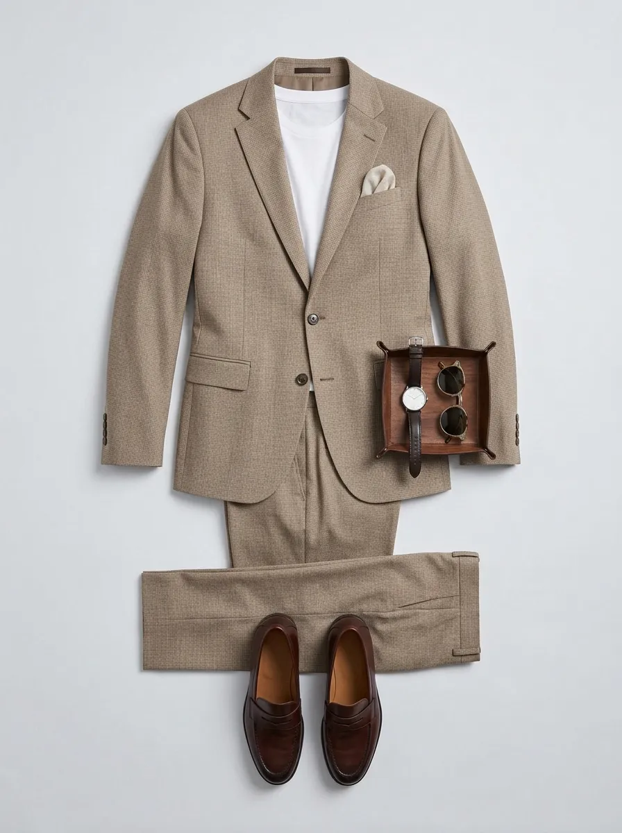 Notch-Lapel Two-Button Single-Breasted Micro-Check Men's Two-Piece Suit Set