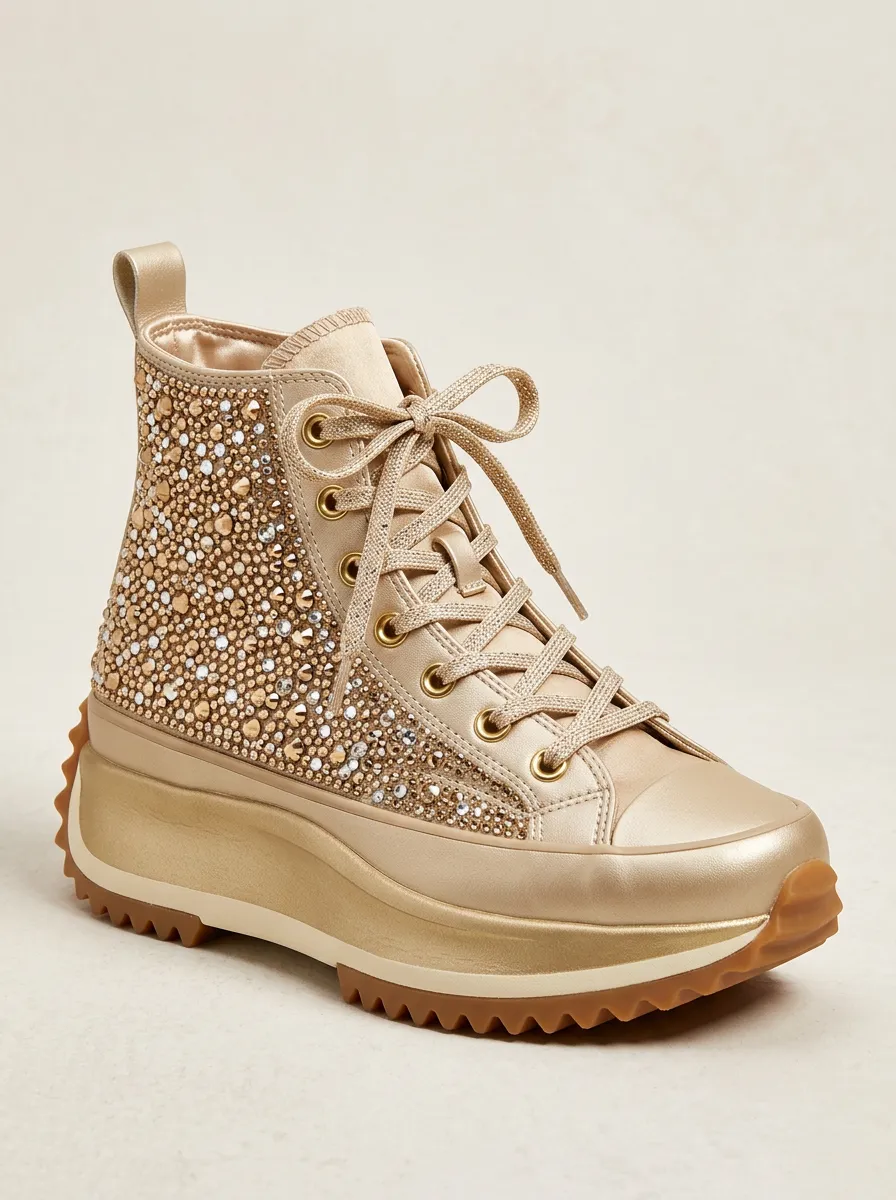 Casual Lace-Detail Lace-Up Women's Rhinestone Platform Shoes