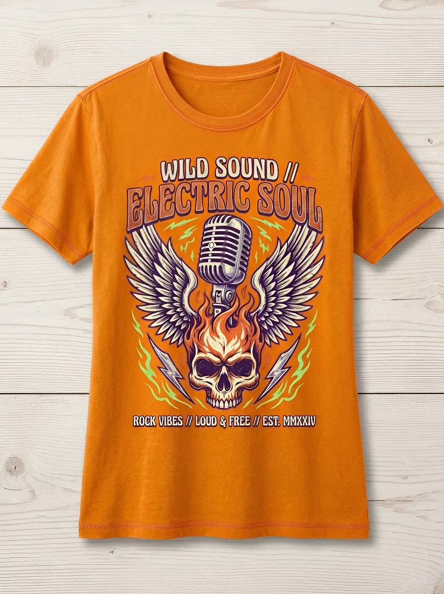 Unisex Rock Music Lover Flaming Skull Microphone Printed T-shirt