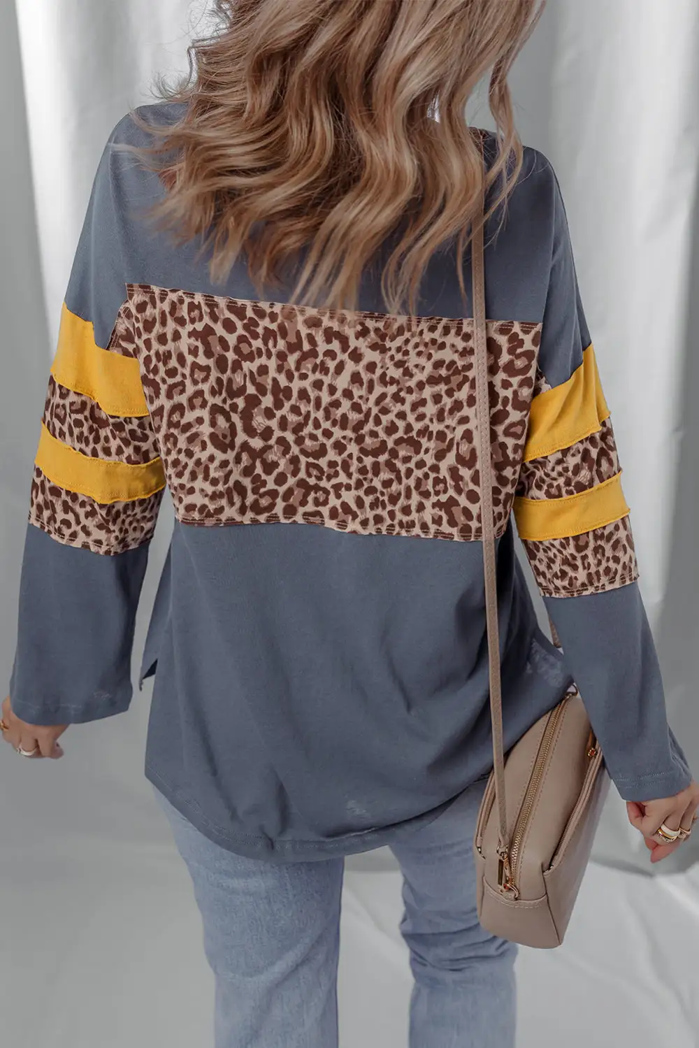 Women's Leopard Print Top With Colorblock And Long Sleeve
