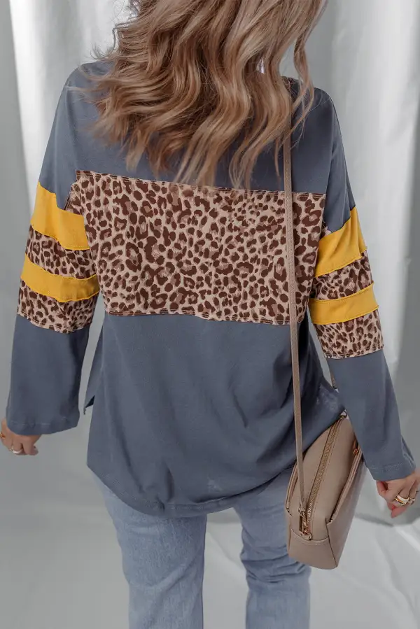 Women's Leopard Print Top With Colorblock And Long Sleeve