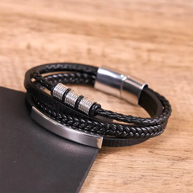 Titanium Steel Leather Hand Woven Magnetic Buckle Bracelet