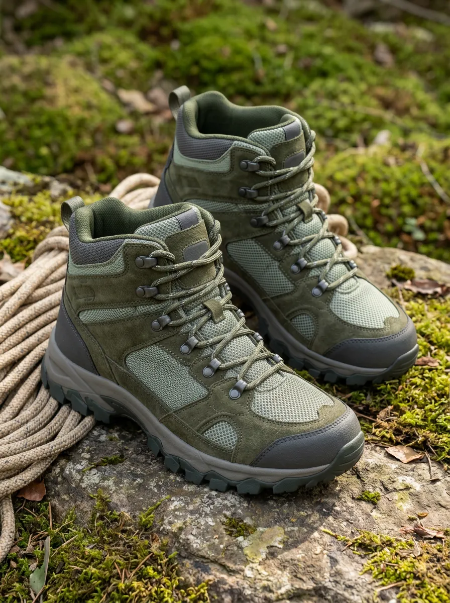Unisex Outdoor Hiking Olive Green Mesh Suede Printed Shoes
