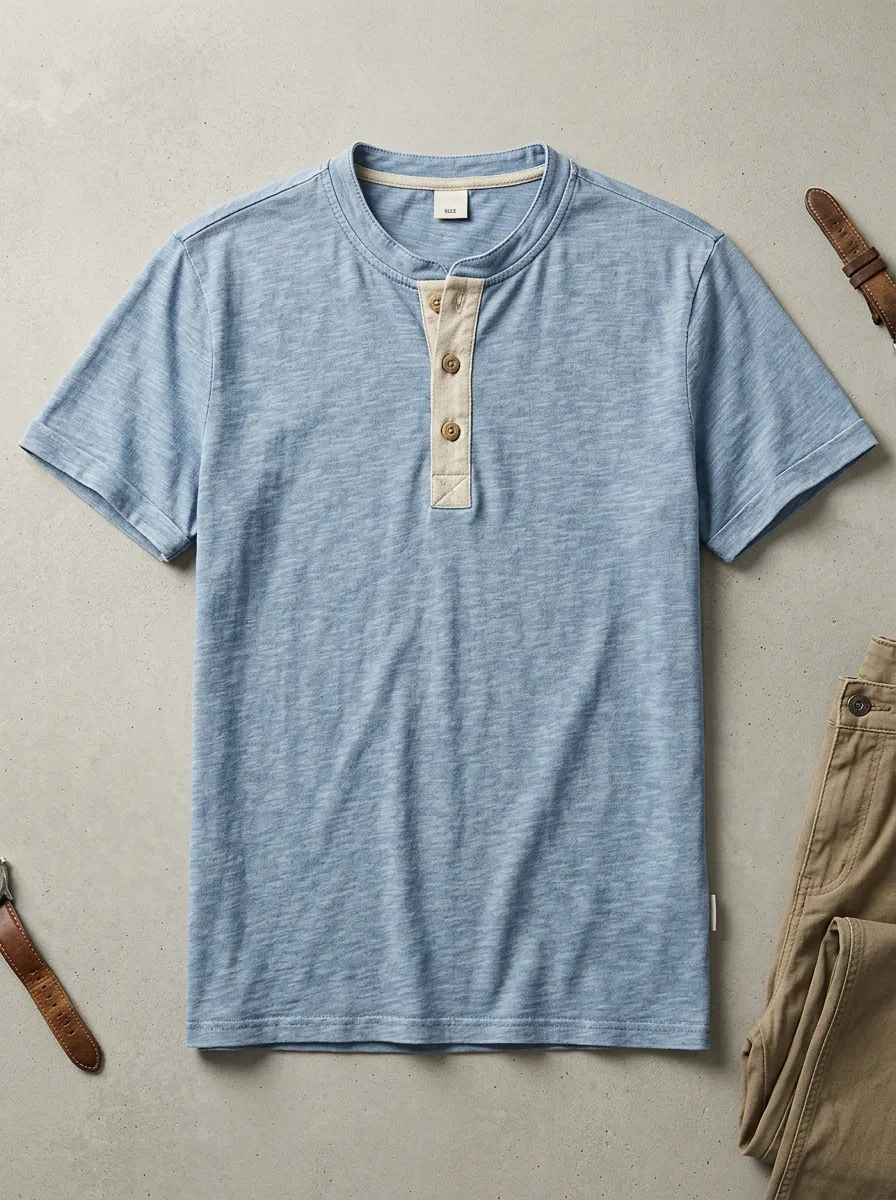 Classic Button-Placket Ribbed Men's Short-Sleeve Henley Shirt