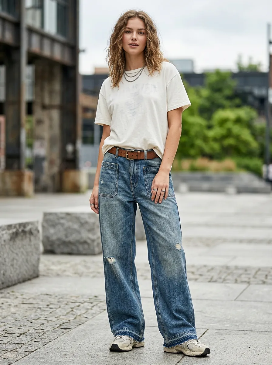 Women's Casual Vintage Distressed Wide Leg Denim Baggy Jeans