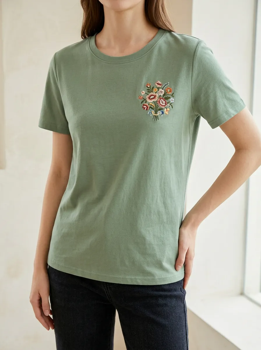 Casual Style Floral Print Embroidered Detail Women's Casual Short Sleeve Tee