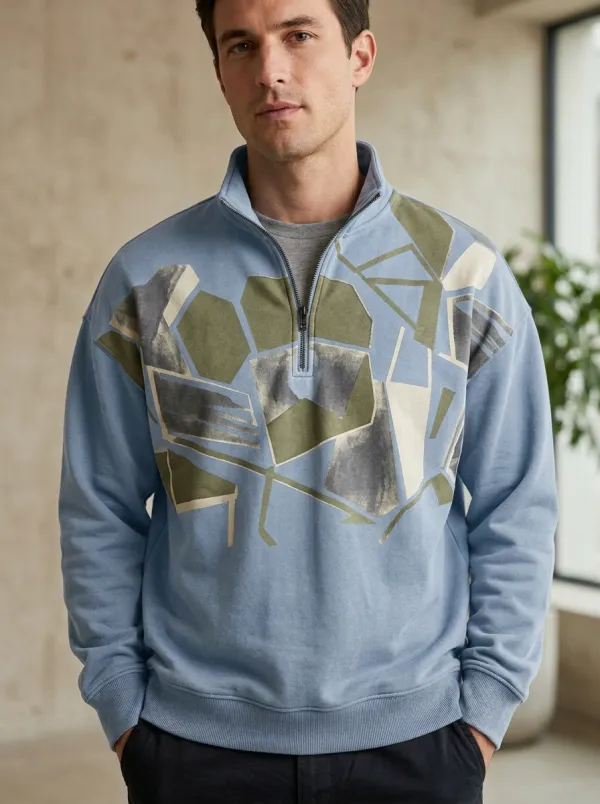 Casual Panel Half-Zip Geometric Abstract Men's Half-Zip Sweatshirt