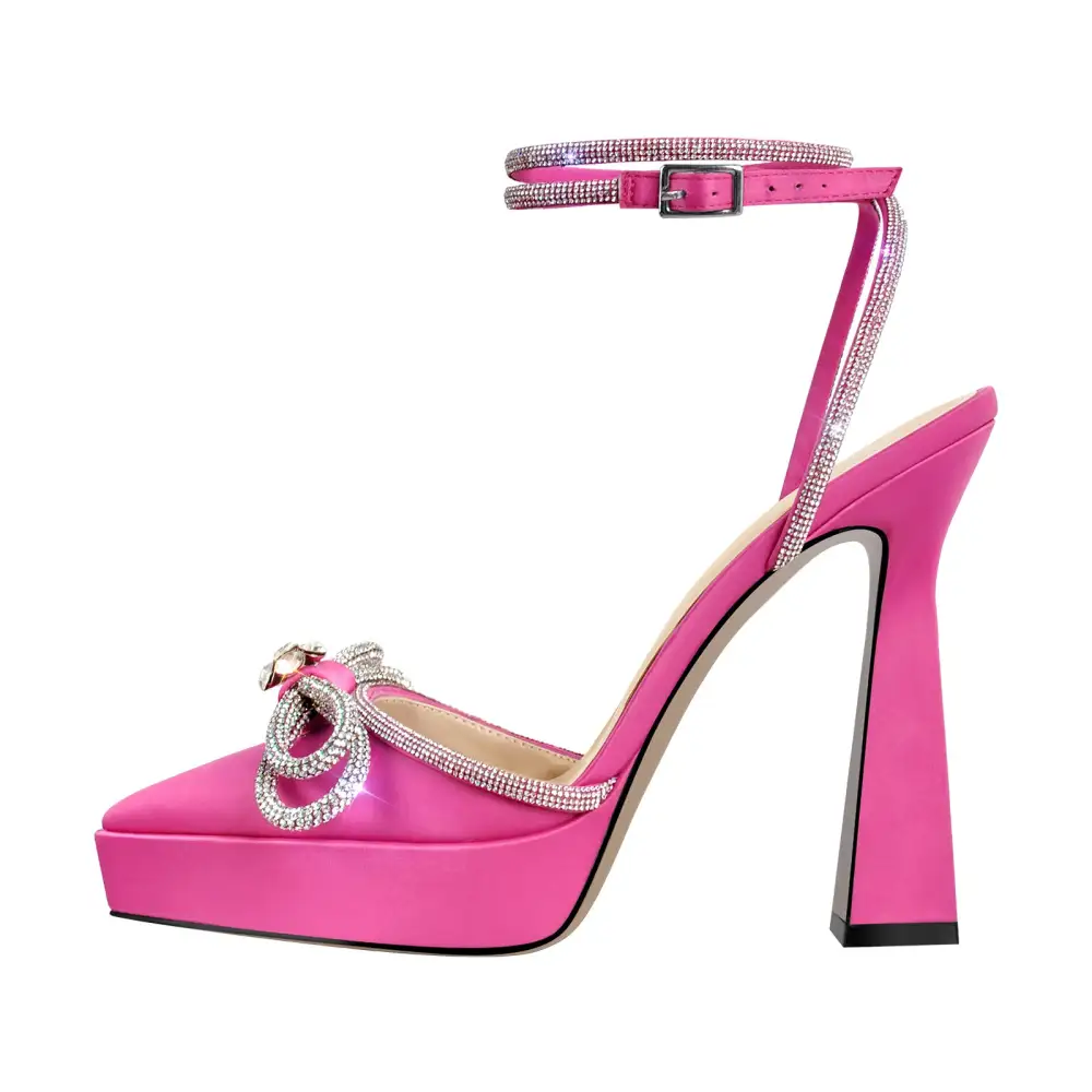 Rhinestone Pointed Toe Low Platform Chunky Heel Pumps