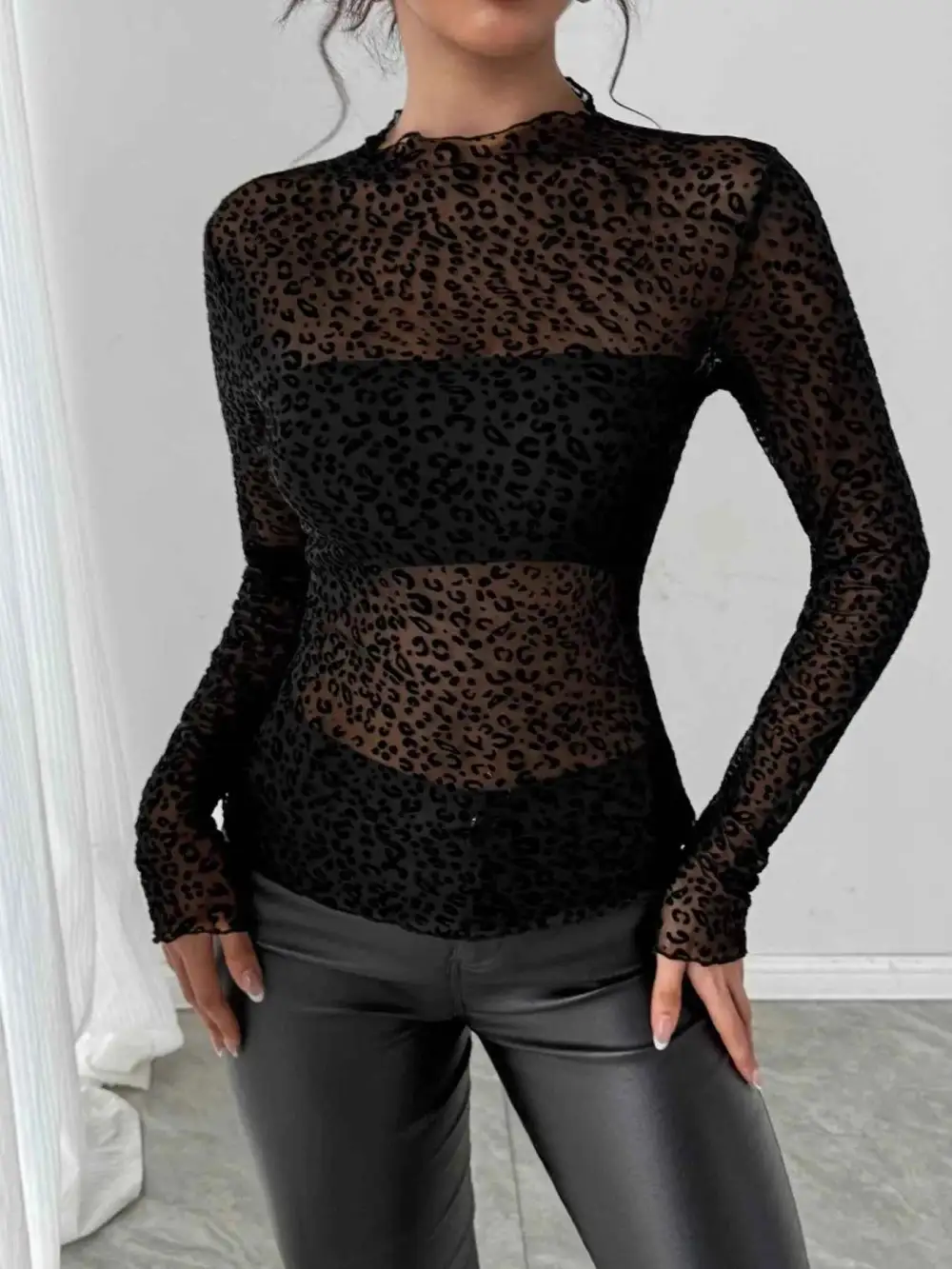 Leopard Printed Mesh Long Sleeve T-Shirt