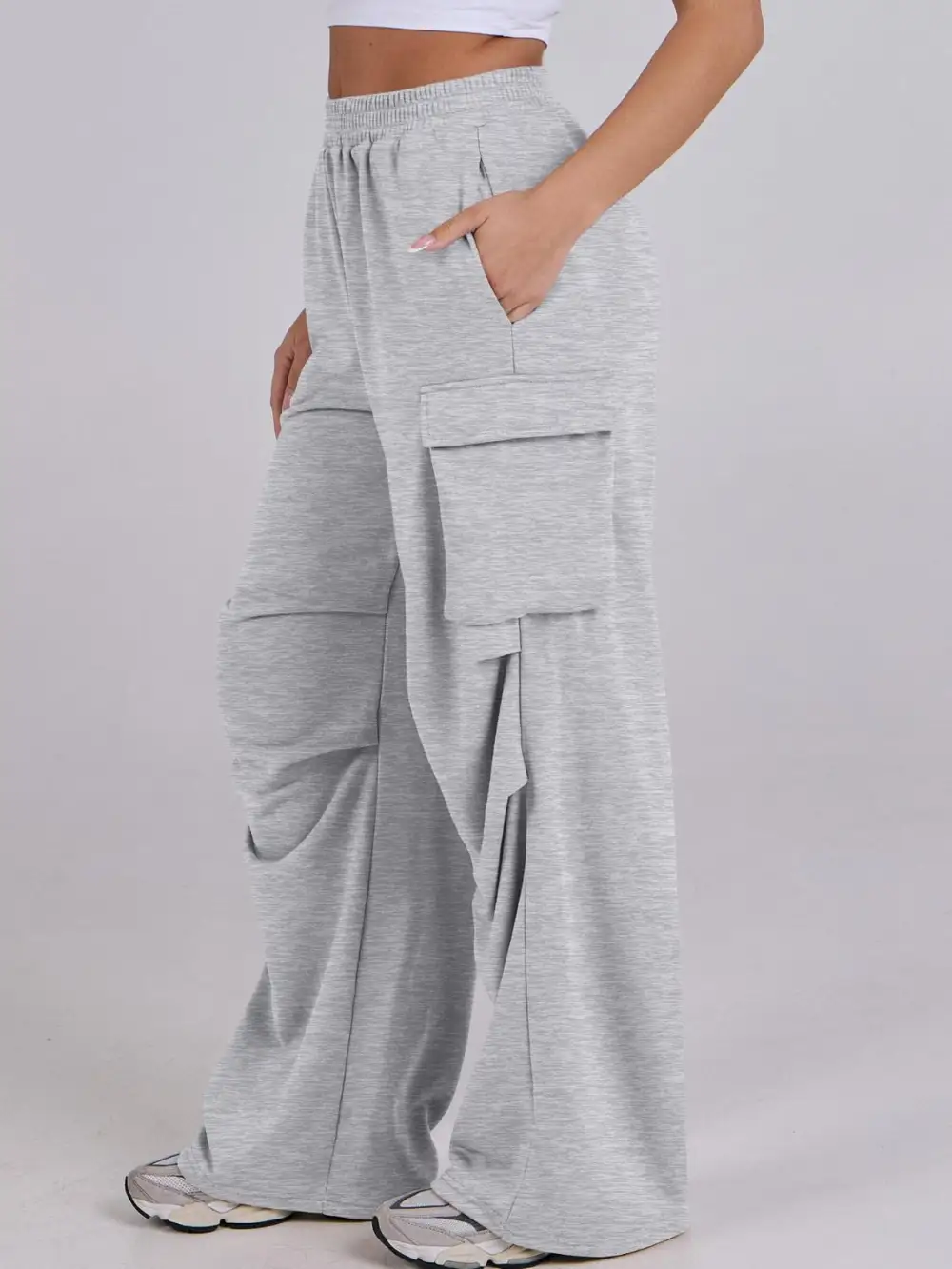 Elastic Waist Wide Leg Pants With Pocket