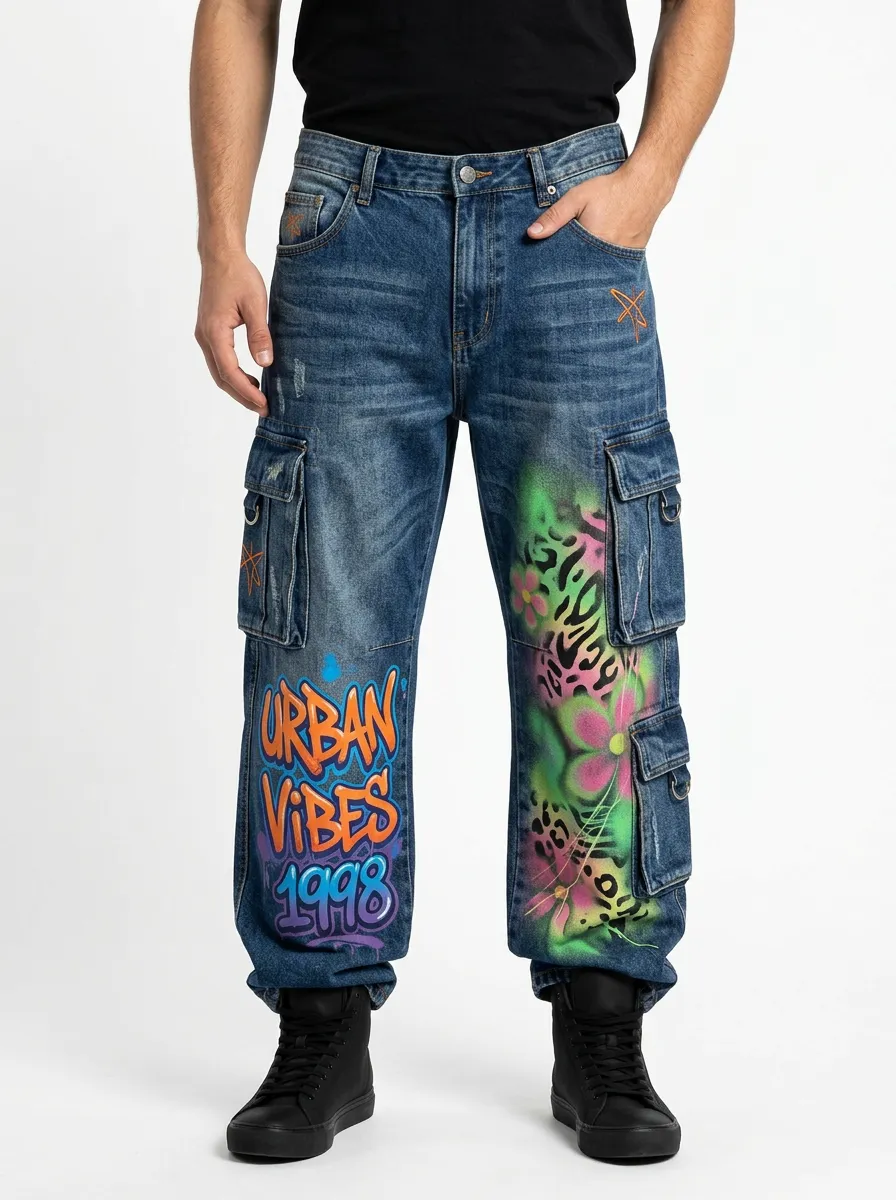 Men's Urban Vibes Graffiti Leopard Graphic Cargo Jeans