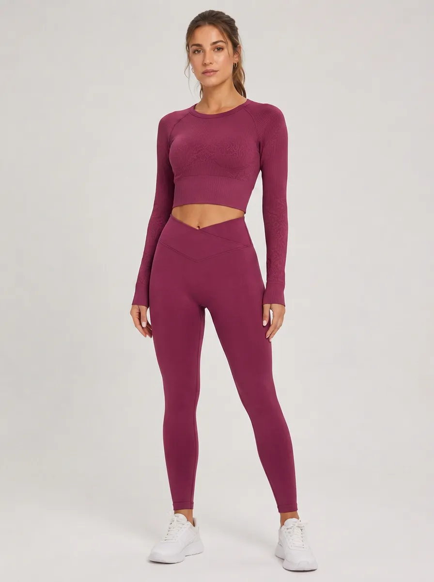 Women's Fitness Burgundy Seamless Textured Printed Yoga Set