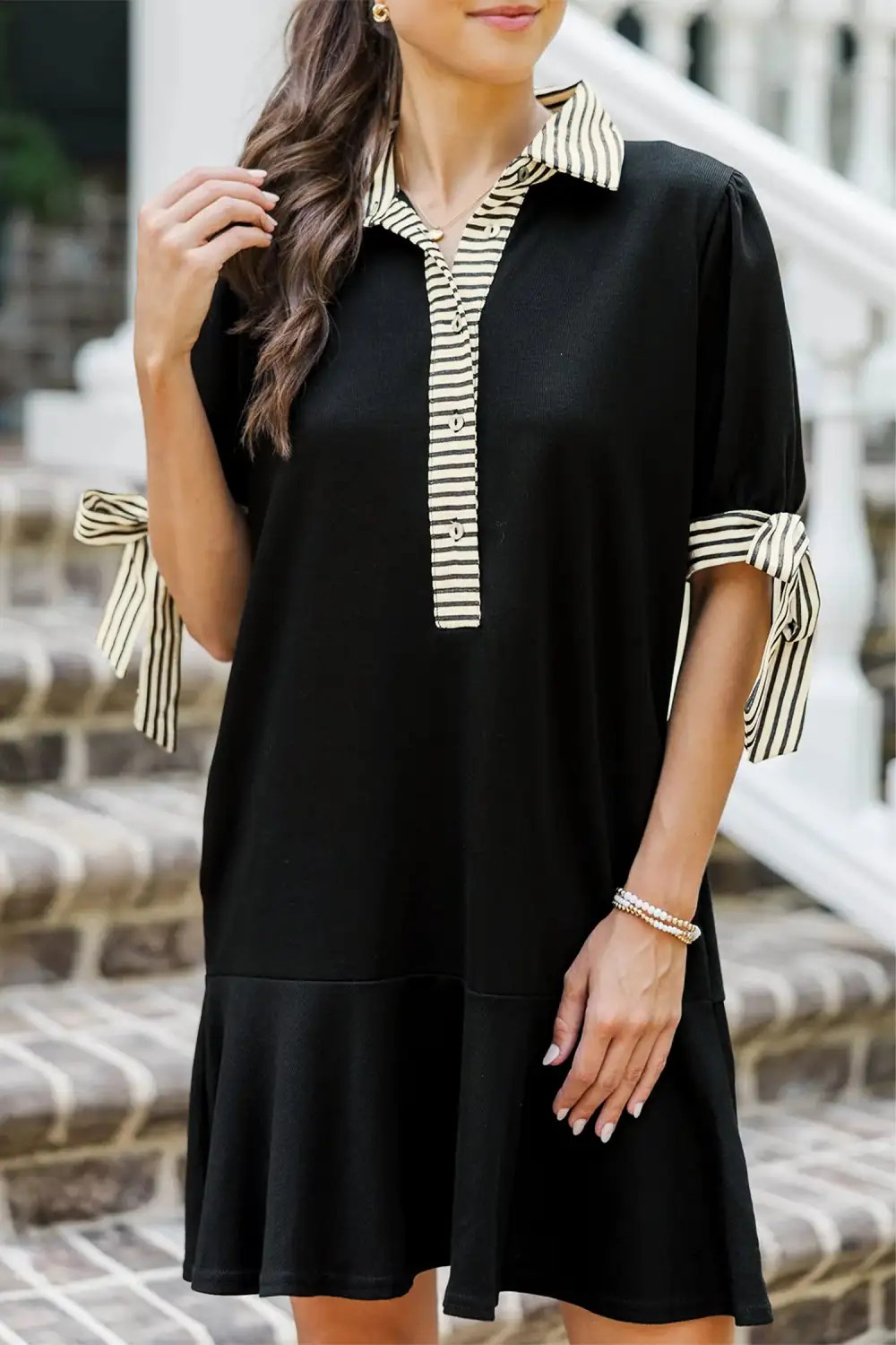Striped Button Front Tie Detail Mini Dress