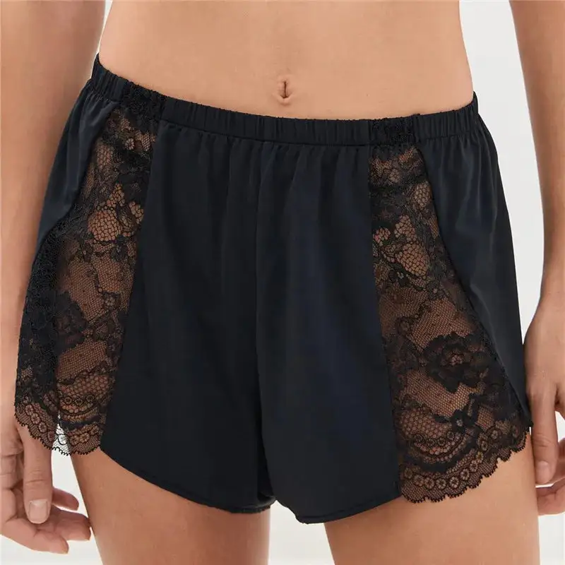 Satin Lace Side Panel Elastic Waist Pajama Shorts