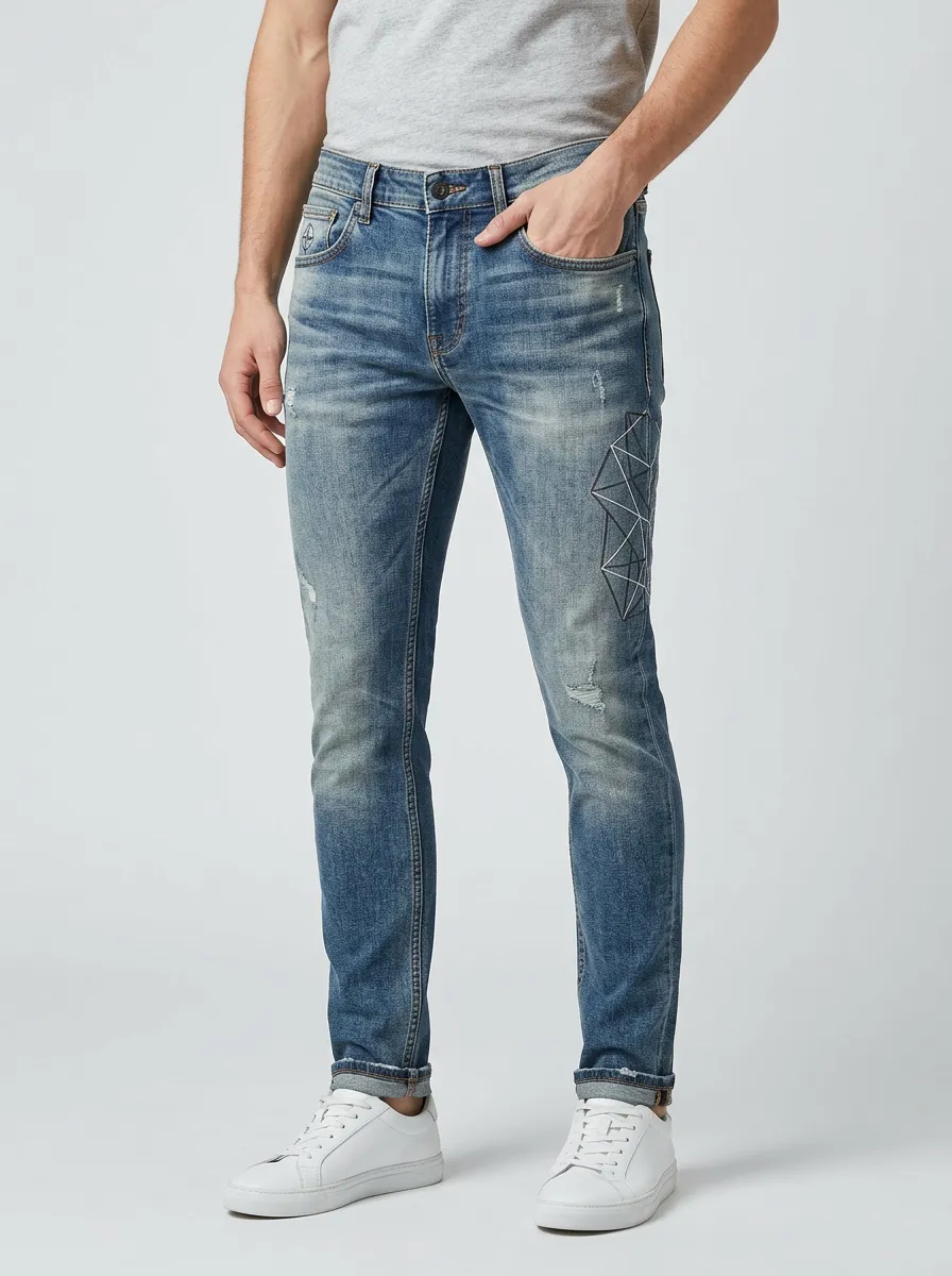 Men's Geometric Pattern Distressed Printed Slim-Fit Jeans