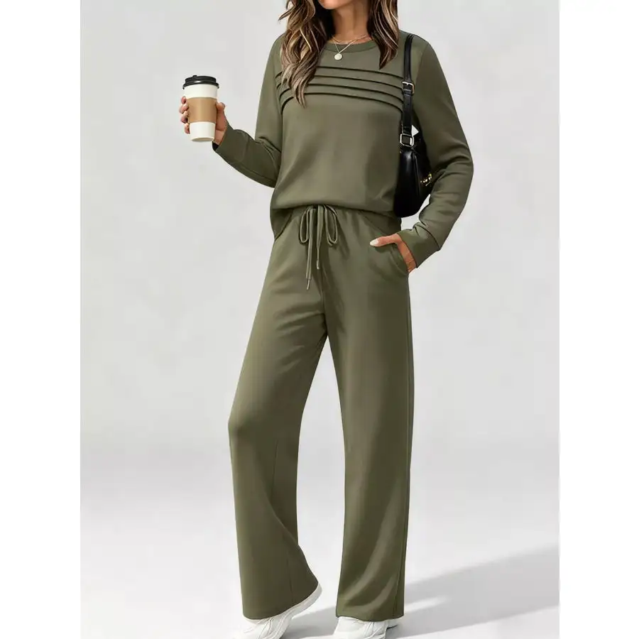 Full Size Casual Long Sleeve Top and Pants Set Plus Size