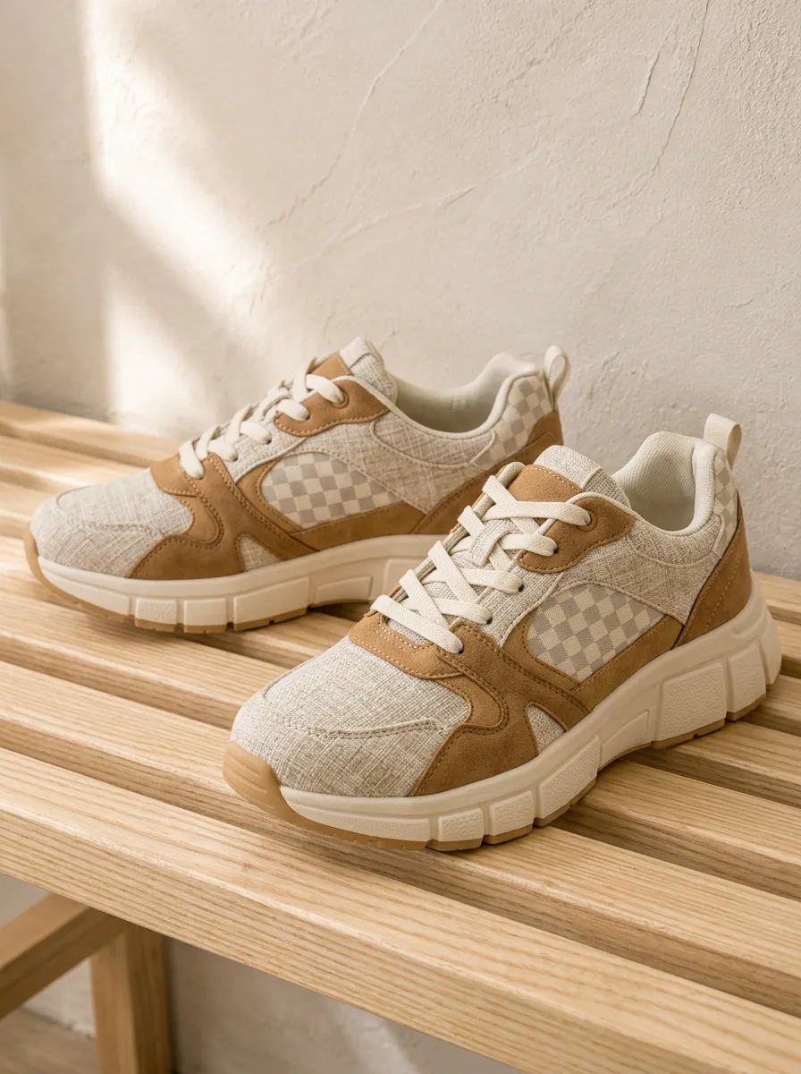 Women's Casual Beige Checkerboard Pattern Printed Sneakers