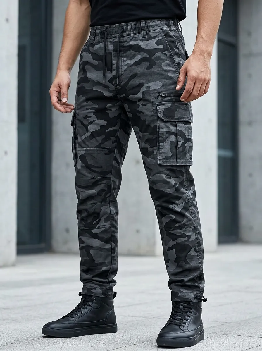 Men's Tactical Style Black Camouflage Printed Cargo Pants
