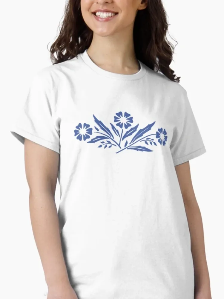 Women's simple blue floral pattern printed round-neck short-sleeved T-shirt
