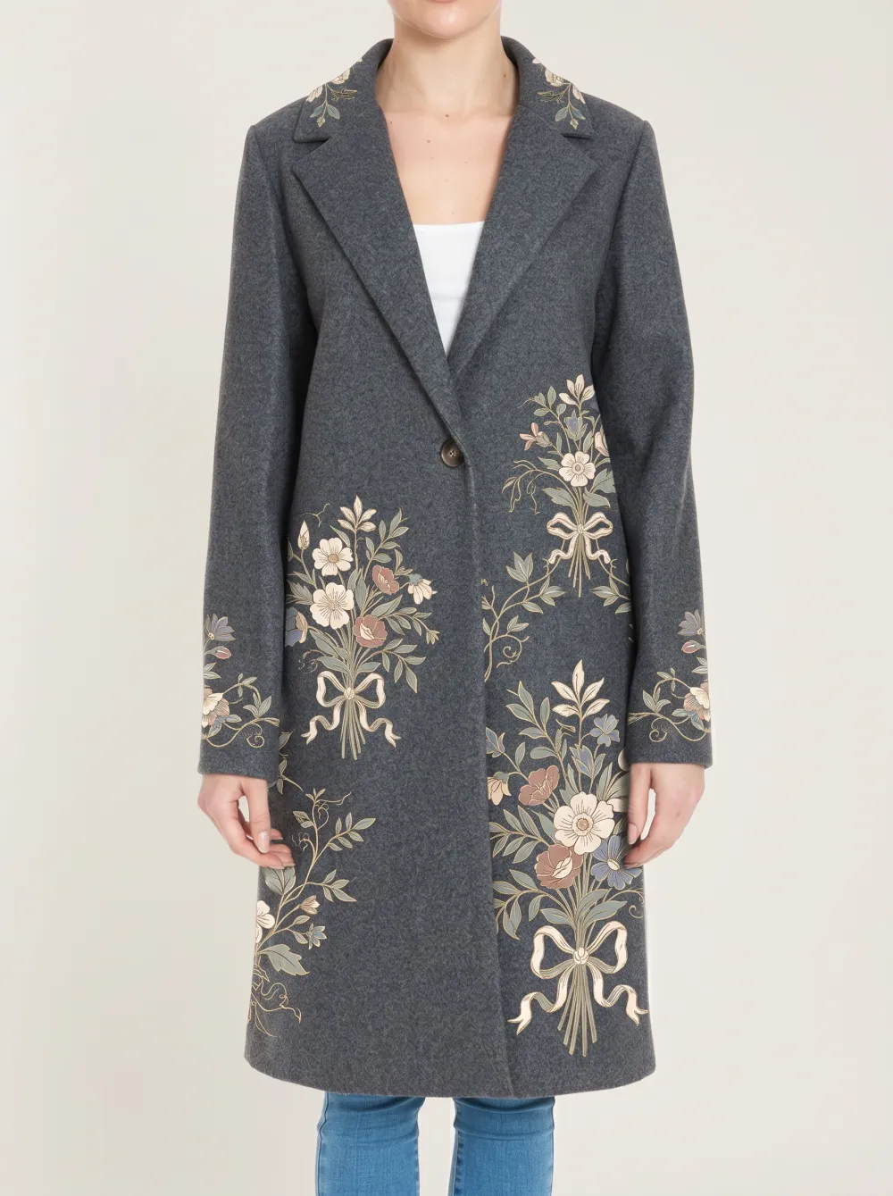 Women's Vintage Floral Bouquet Ribbon Printed Wool Coat