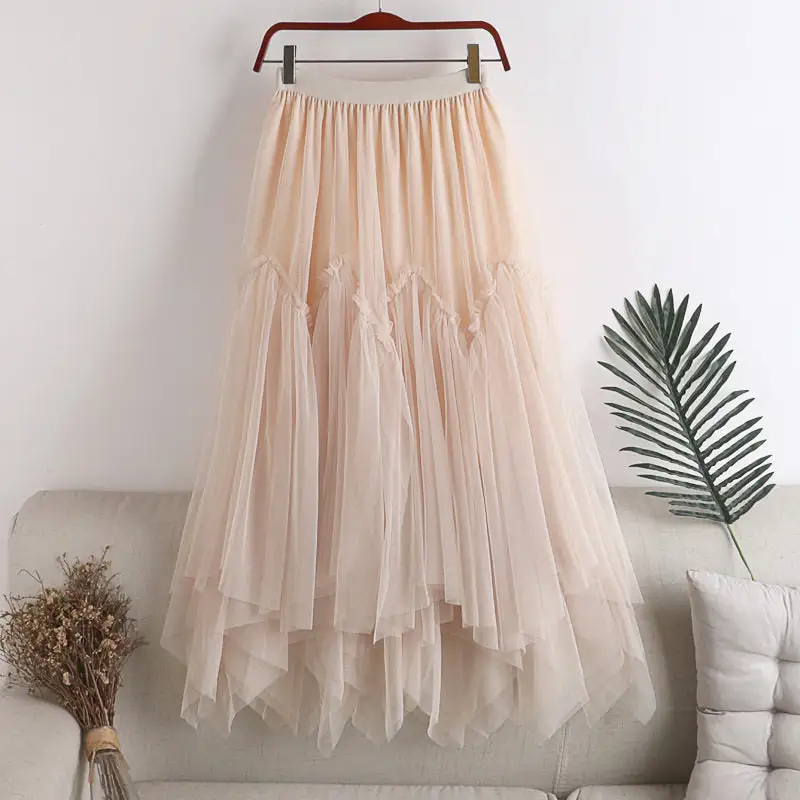Casual High Waist Midi Skirt With Asymmetrical Mesh Layers