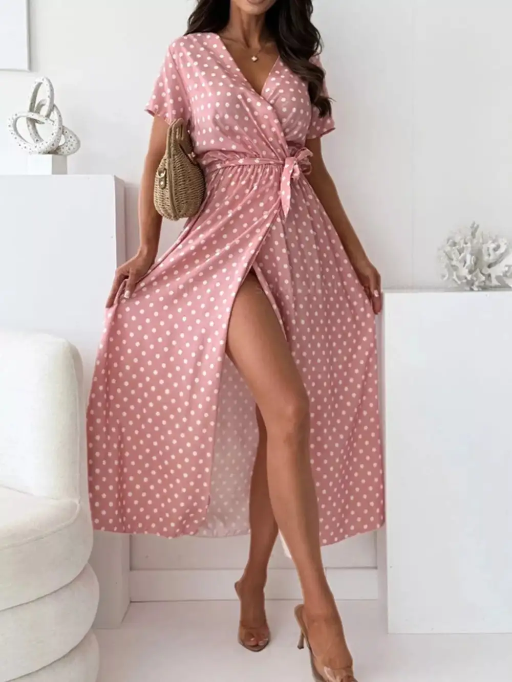 Polka Dot Surplice Maxi Dress With Slit