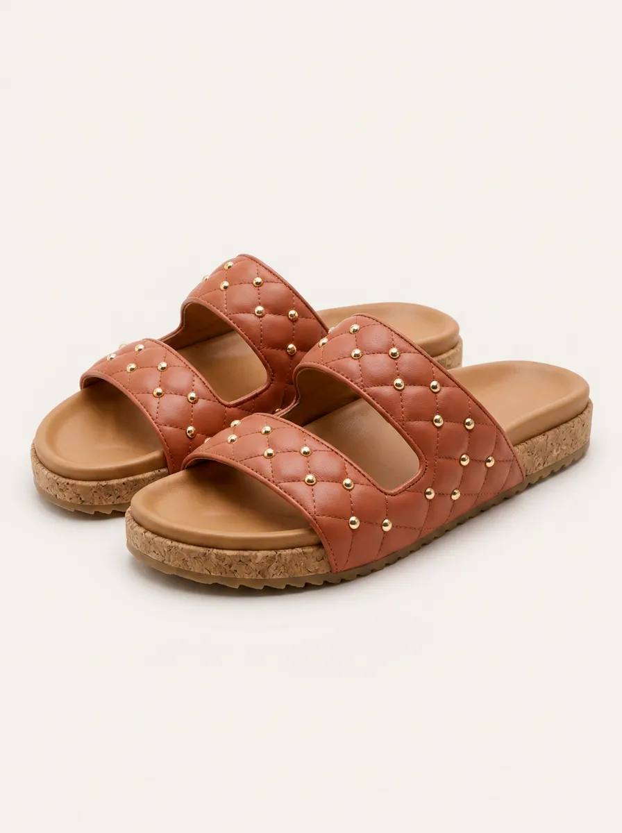 Women's Casual Fashion Quilted Studded Cork Sole Sandals