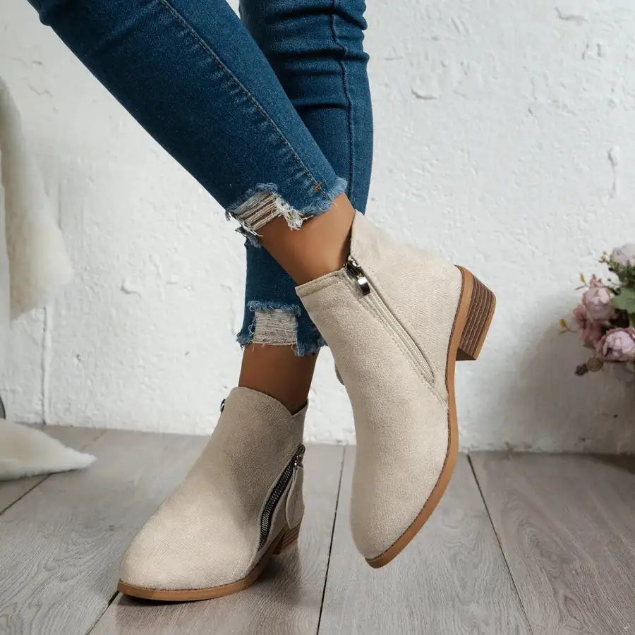 Side Zip Ankle Boots with Block Heel