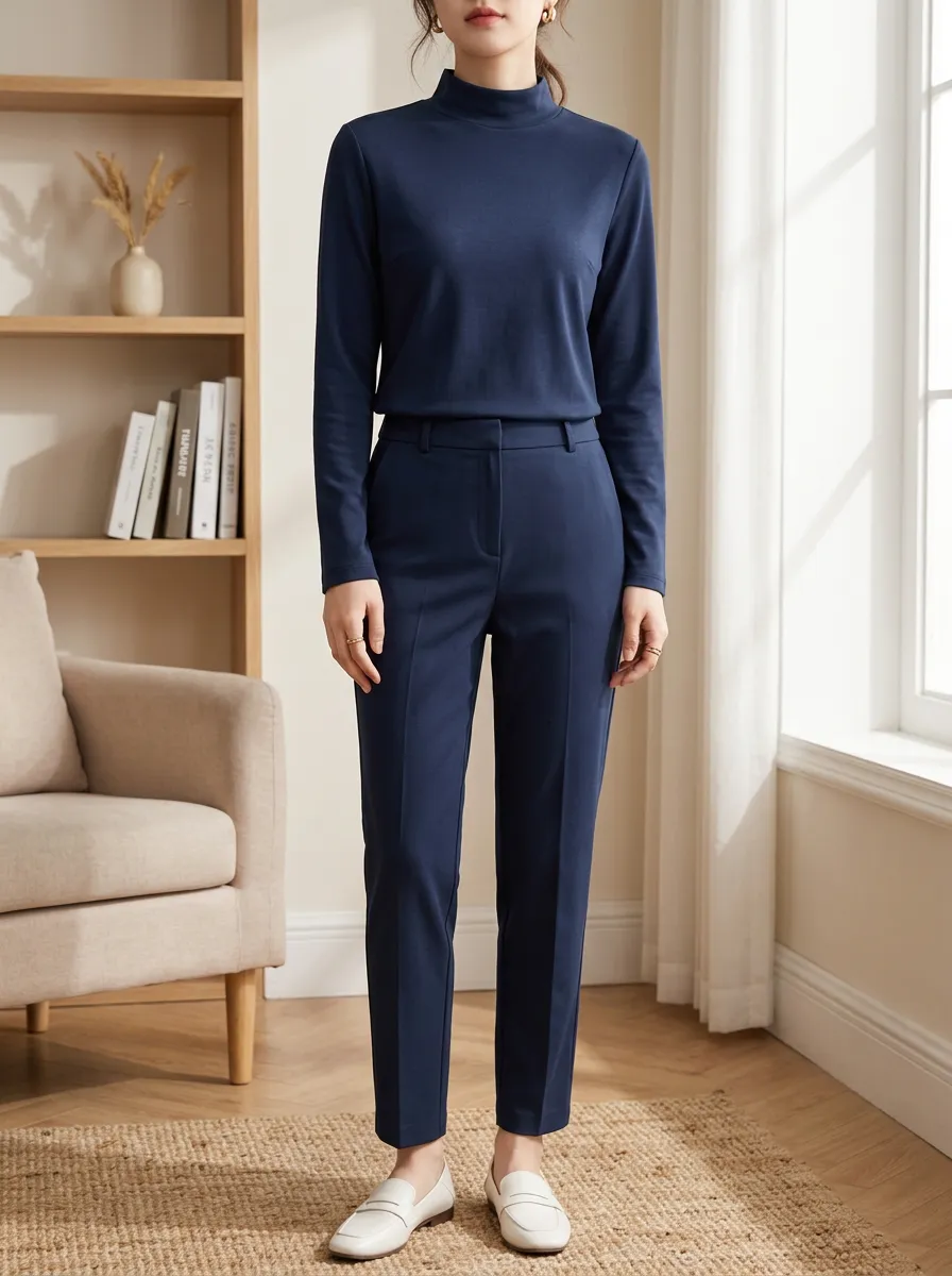 Women's Navy Mock Neck Long Sleeve Slim Fit Coordinated Trouser Set