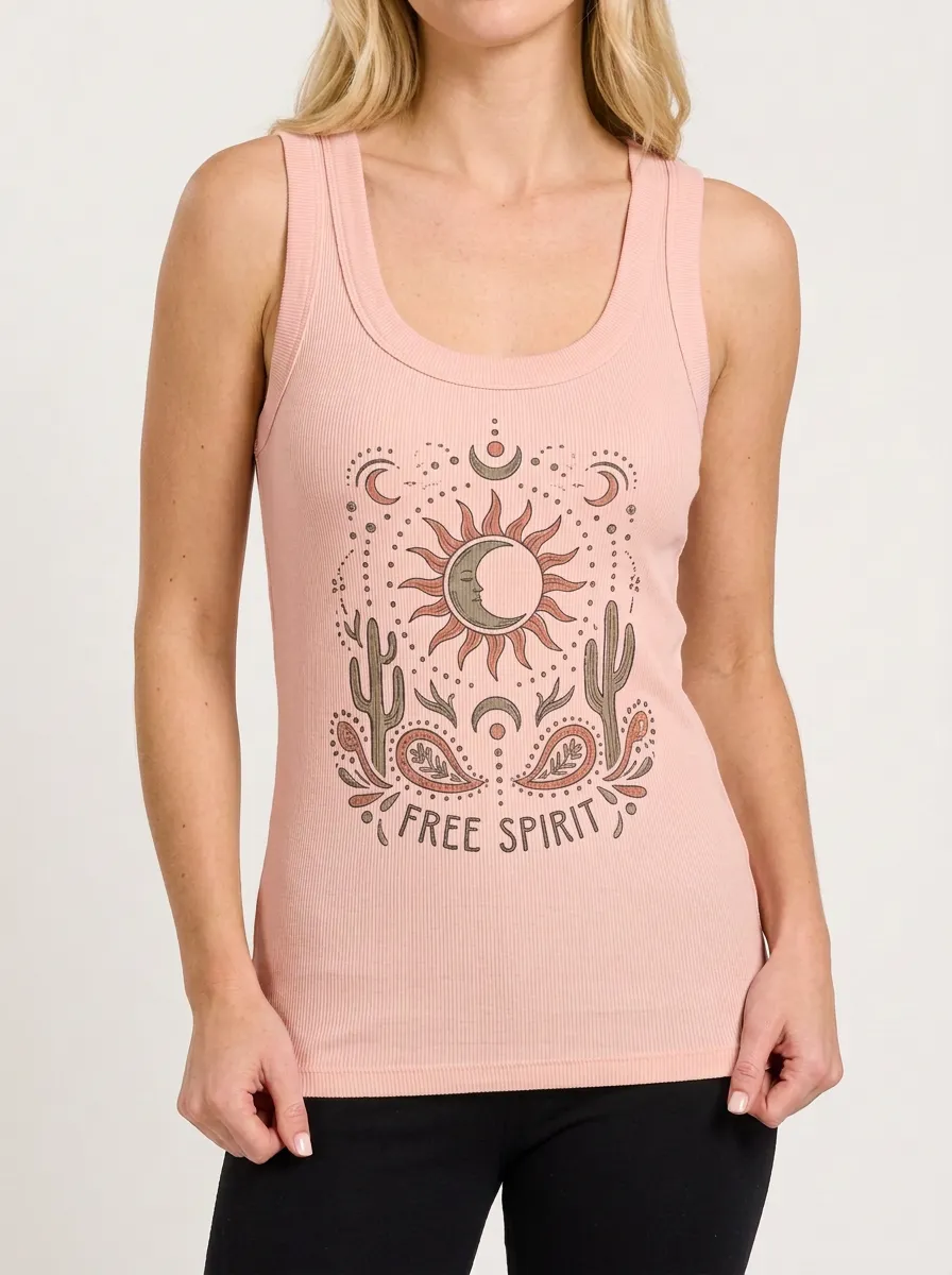 Women's Boho Free Spirit Sun Moon Cactus Graphic Tank Top