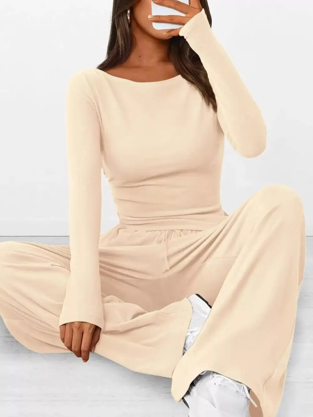 Relaxed Long Sleeve Top and Wide Leg Pants Set