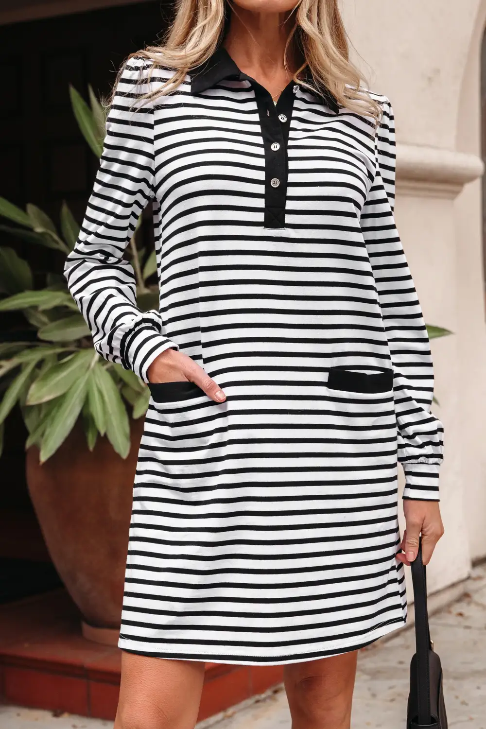 Finish Striped Button Front Pocketed Shirt Dress