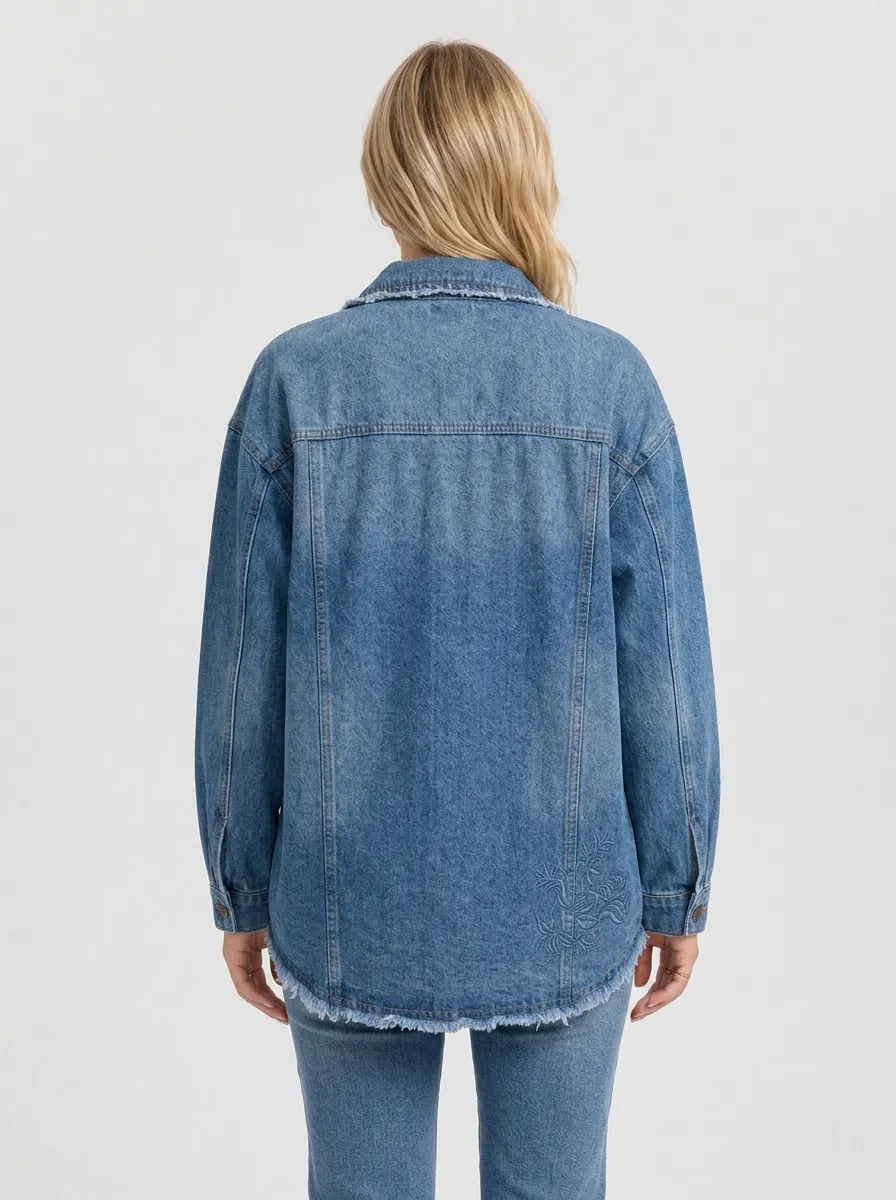 Women's Floral Embroidery Oversized Raw Hem Denim Jacket