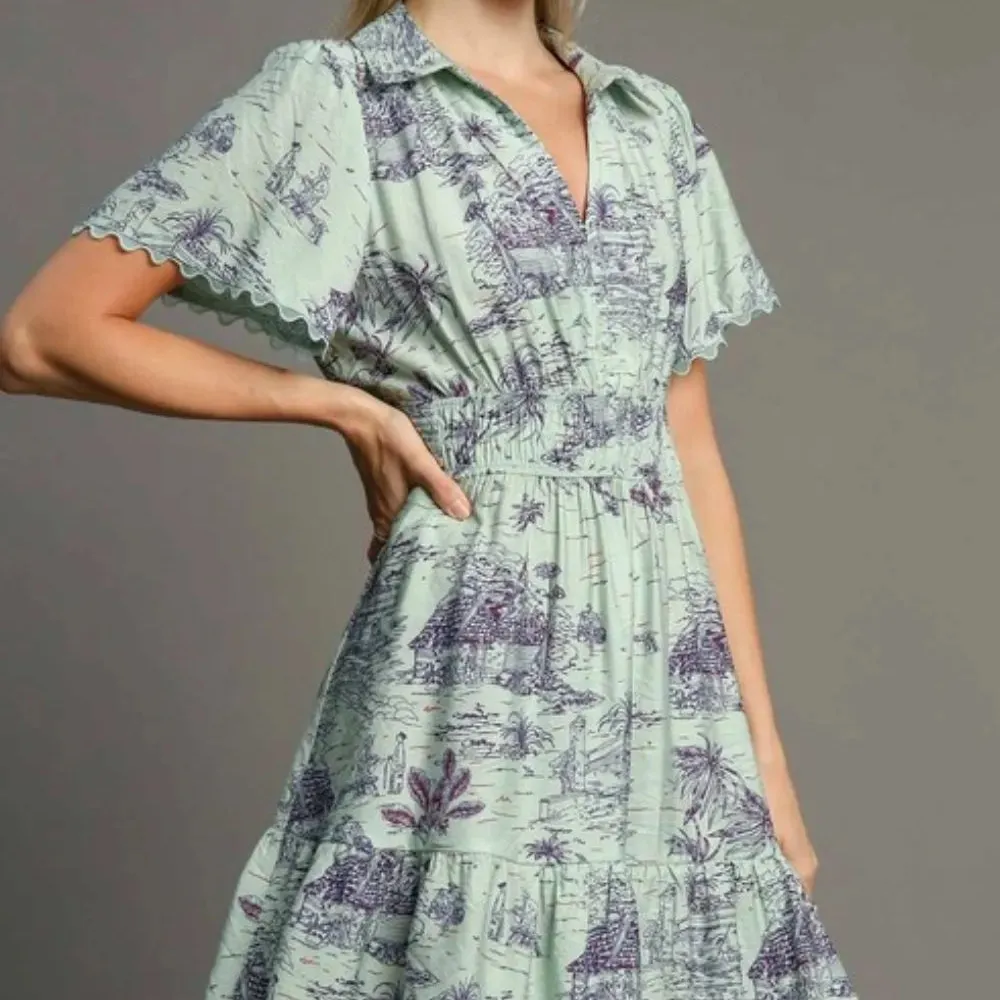 Landscape Print Collared Mini Dress