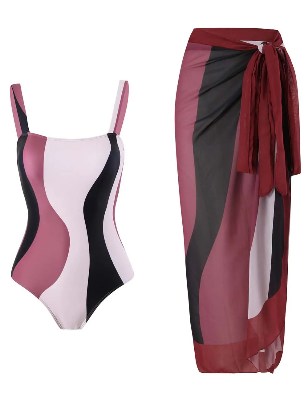 Striped Print One Piece Swimwear with Sarong
