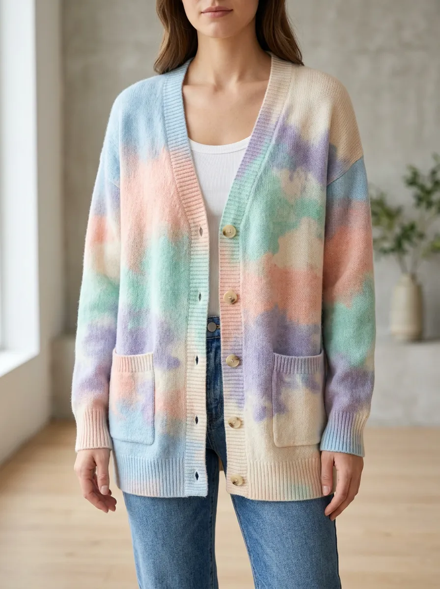 Women's Pastel Tie-Dye Pattern Printed Patch Pocket Casual Daywear Cardigan