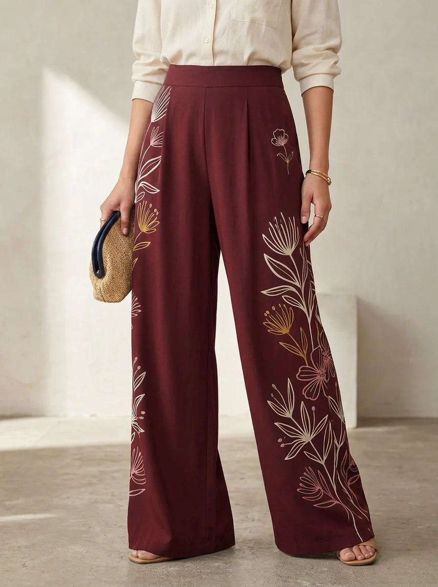 Women's Navy Floral Embroidered High-Rise High-Waisted Wide-Leg Trousers
